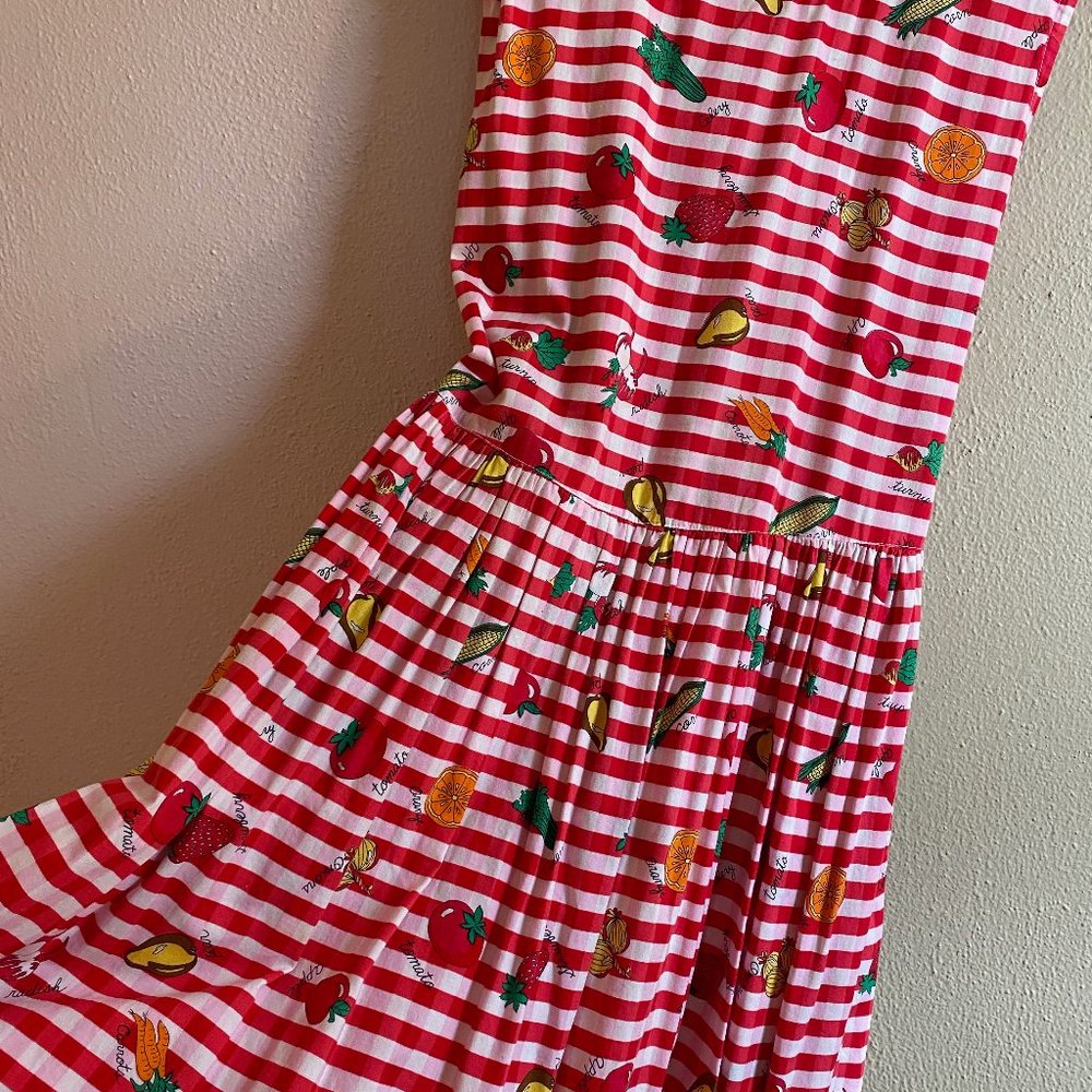 Vintage Summer Dress Gingham Fruits & Vegetables Print